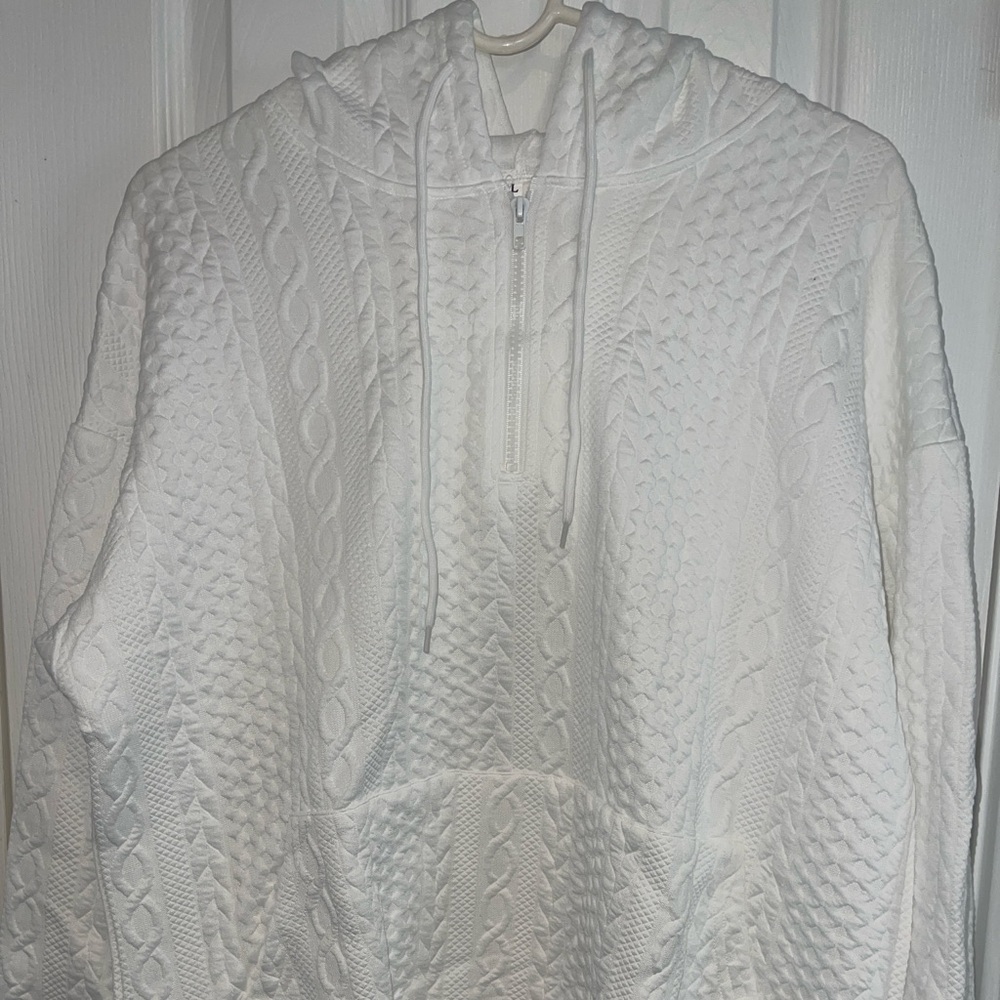 Men’s White Textured Cable Knit Pullover Hooded Sweater Sz L